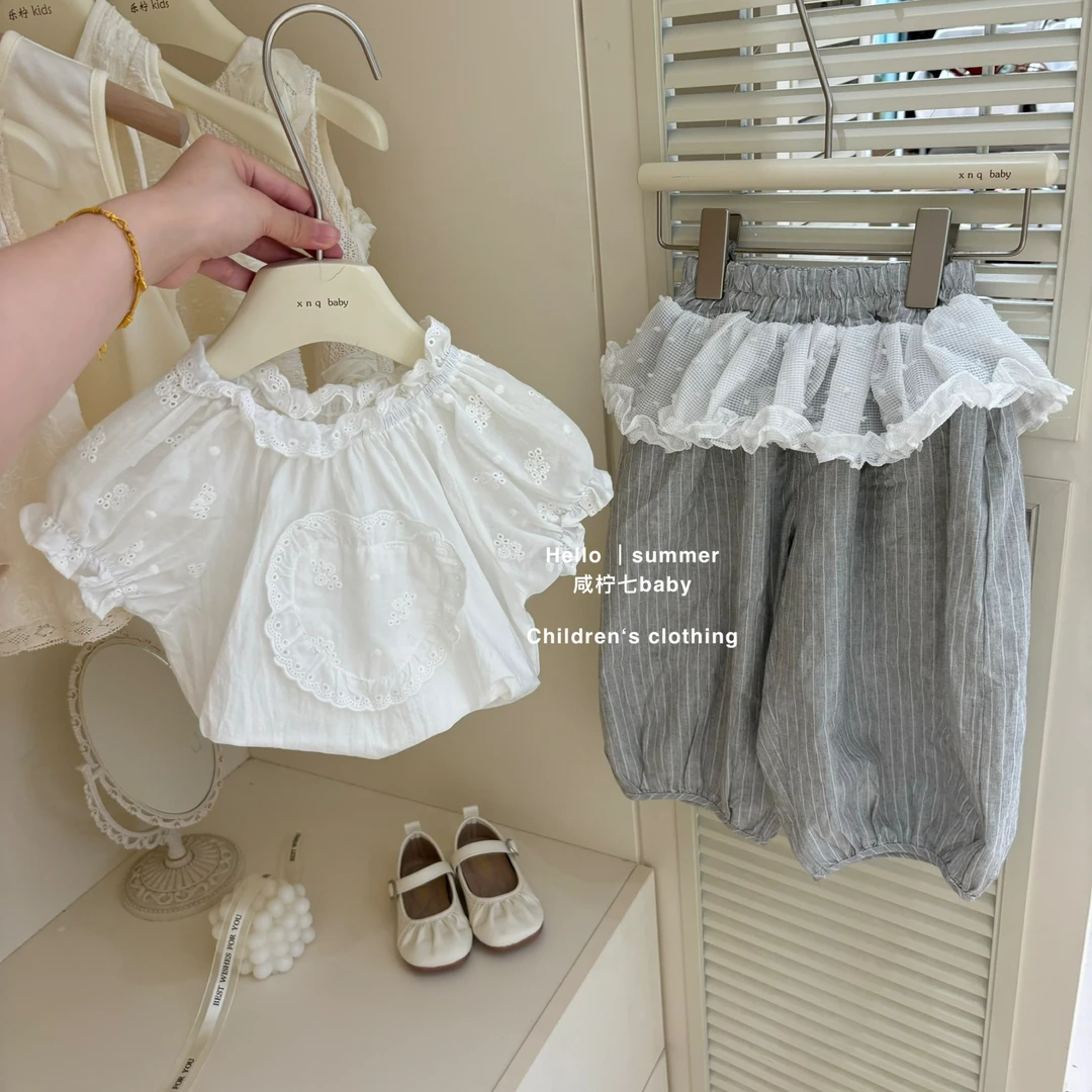 现【咸柠七】女童夏装韩版时髦套装2025儿童洋气衬衫哈伦裤两件套
