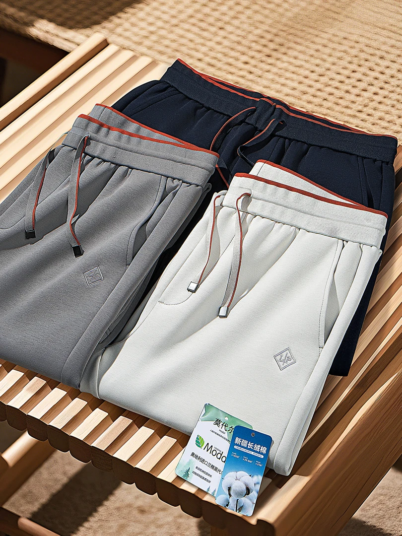 2025秋冬LP老钱风莫代尔男士直筒卫裤时尚拼接空气层长绒棉休闲裤
