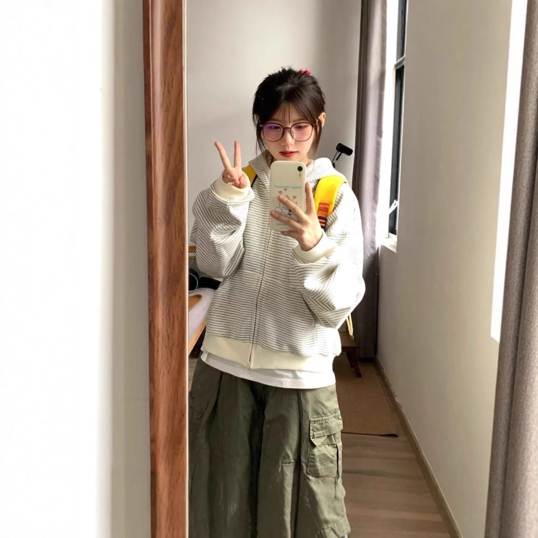 韩系慵懒风开衫条纹连帽卫衣女2025新款春秋港风chic宽松百搭女装