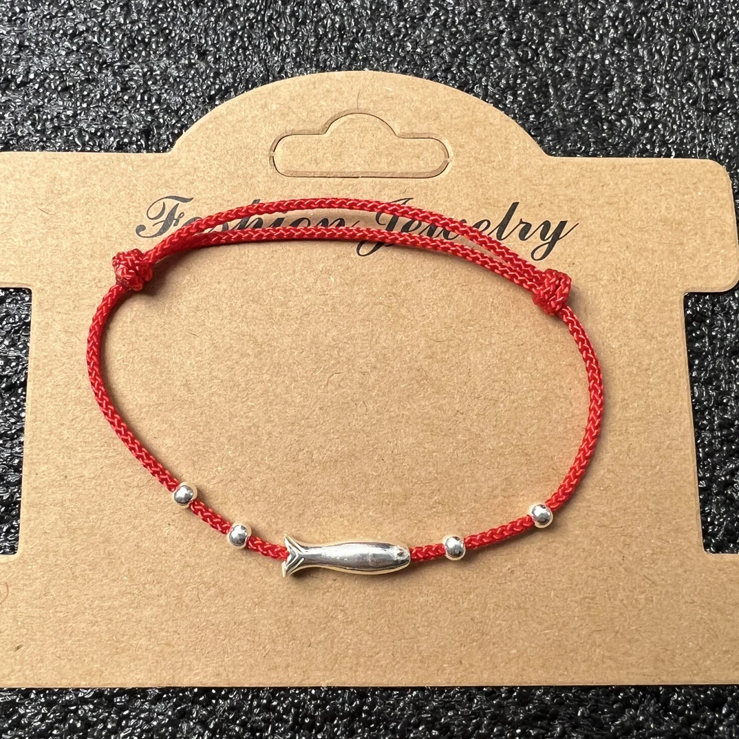 925银手链 纯银 小鱼手工编织红绳手链亲子 闺蜜 情侣