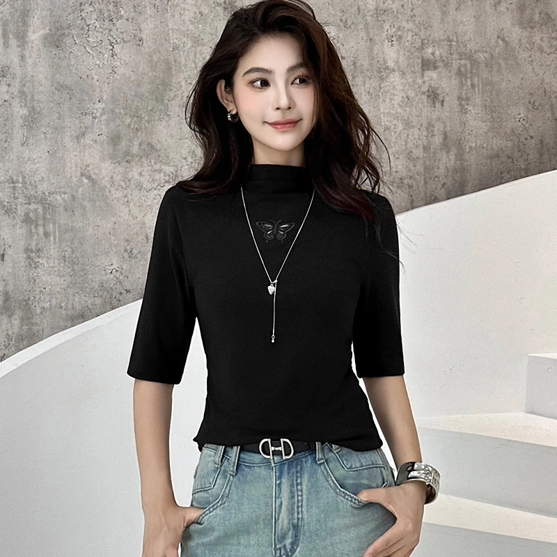 半高领中袖时尚简约知性立领显瘦弹力镂空上衣女2025秋季打底小衫