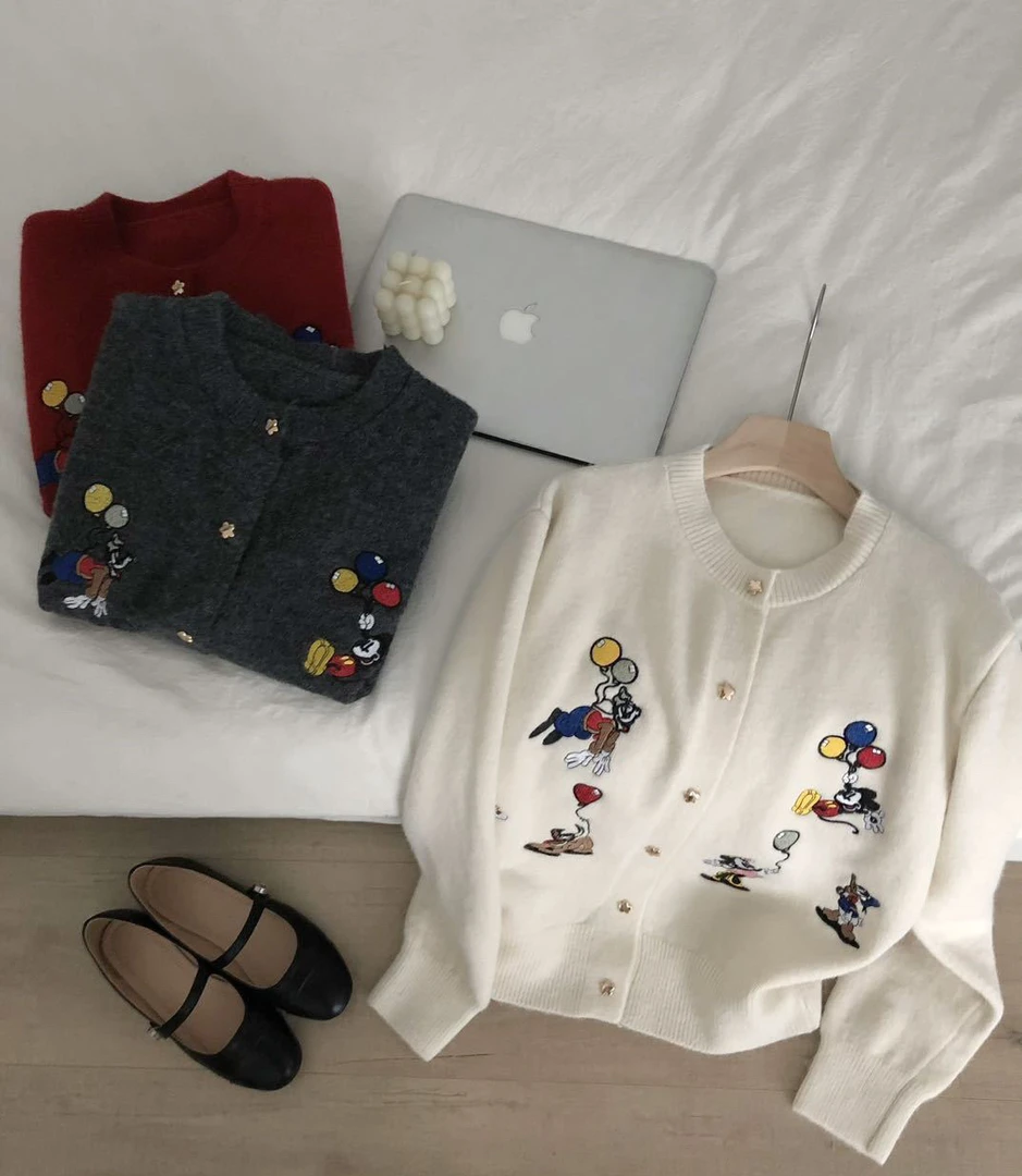 【阿如家】2025早春新款韩系重工卡通米奇刺绣针织开衫女圆领毛衣