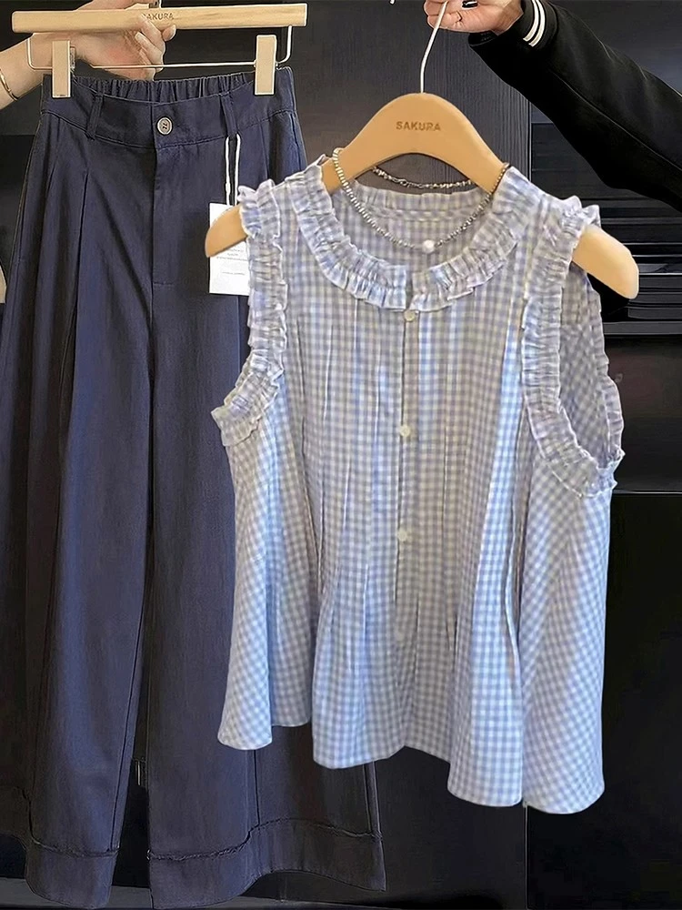 韩系气质木耳花边格子吊带背心女夏季小众设计感无袖衬衫短款上衣