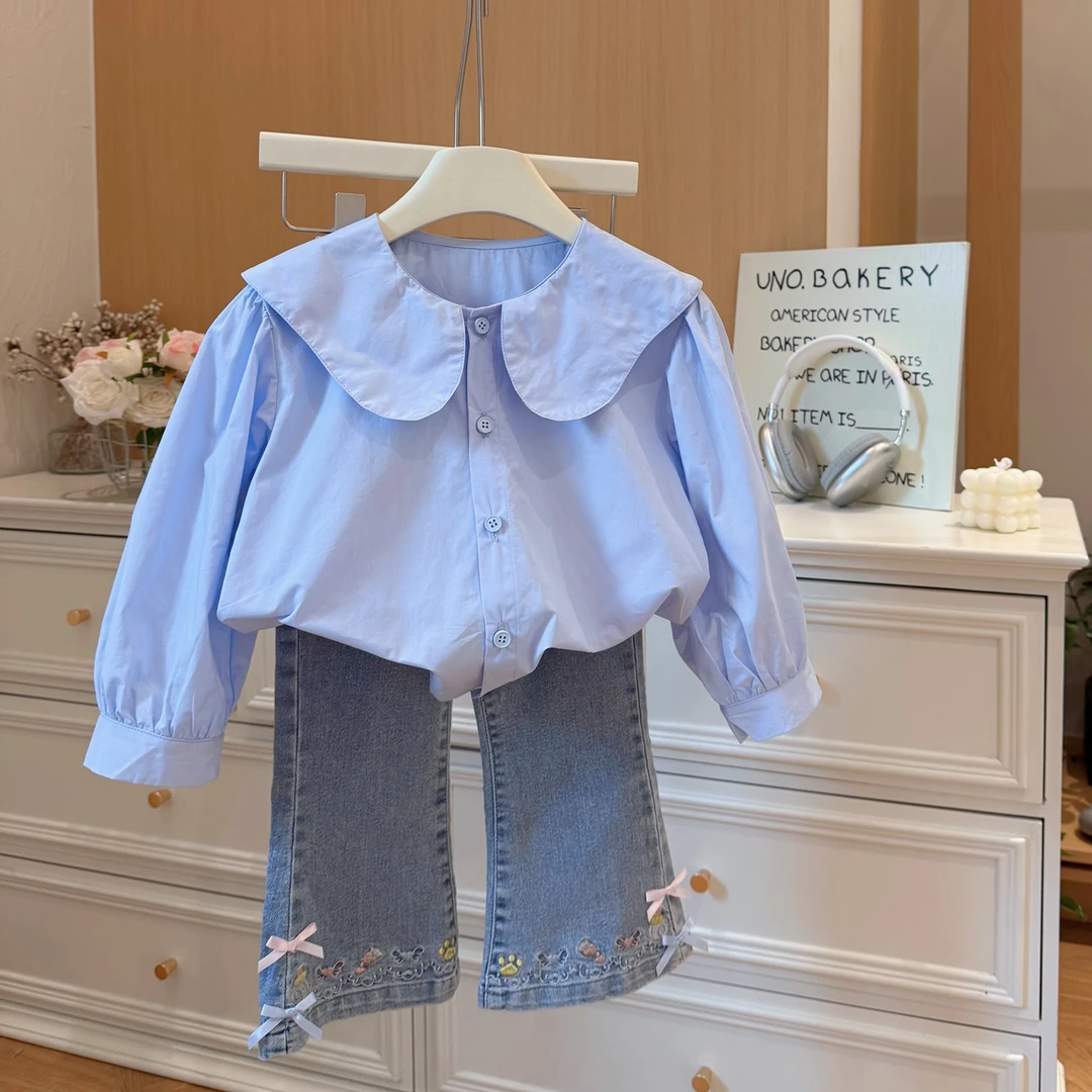 新款女童秋装百搭蓝色娃娃领长袖衬衣女宝宝韩版休闲女童长袖衬衣