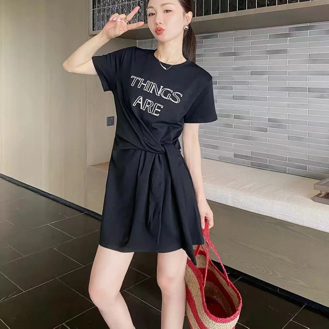 604/25533/136-18 夏季新款欧洲站设计感拼接字母圆领短连衣裙