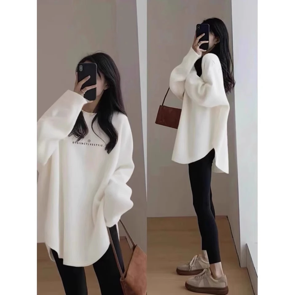 遮屁股白色加绒打底衫女小个子秋冬内搭配芭比裤长袖t恤德绒上衣