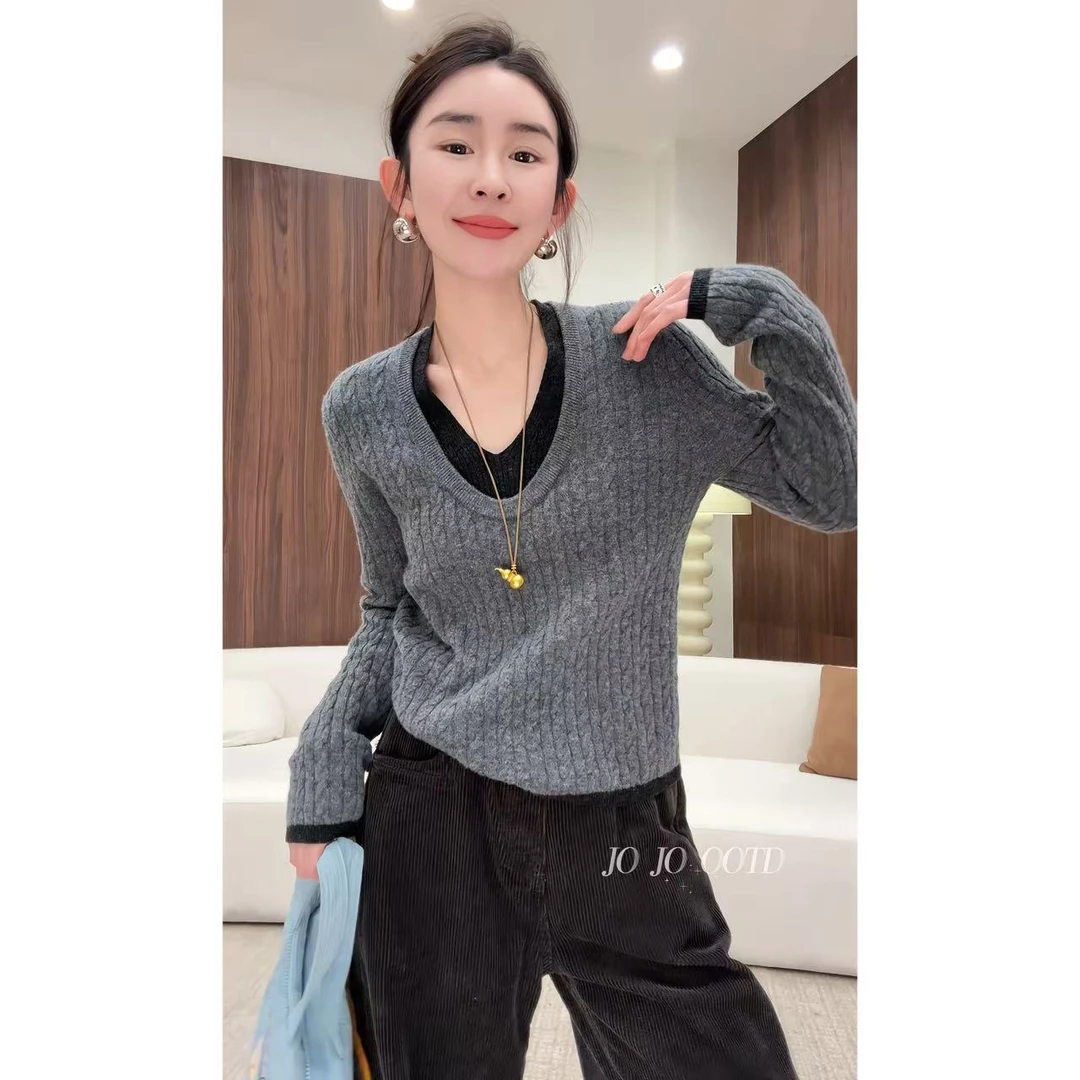 玖了个玖 2025冬款 极简百搭假两件双U领麻花针织毛衣 2511C7490