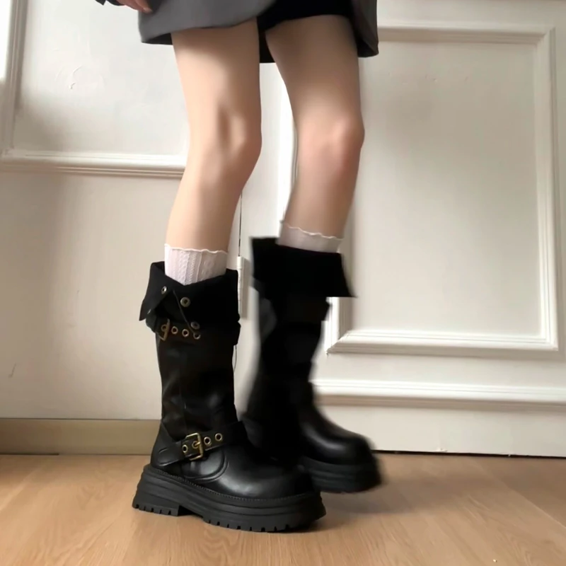 黑色复古英伦风粗跟厚底长筒靴女2025秋冬新款长靴高筒显瘦骑士靴