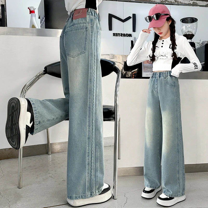 女大童春季牛仔裤时髦显瘦直筒裤2025新款儿童百搭春秋窄版阔腿裤