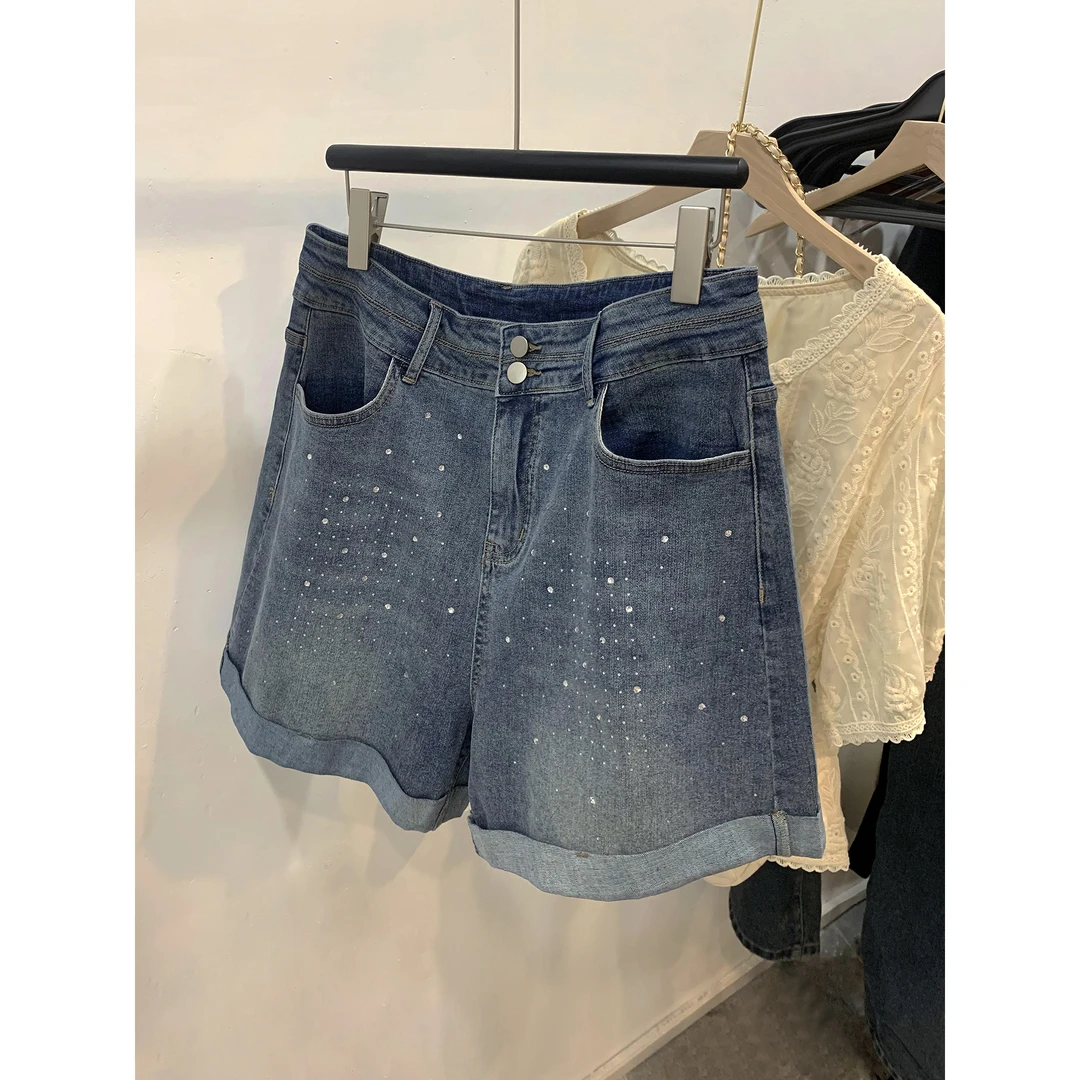 新款夏装高腰A字牛仔短裤百搭烫钻卷边阔腿裤