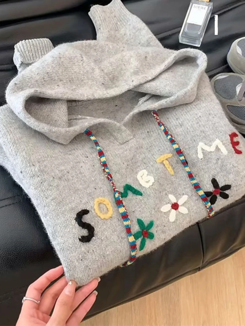 韩系慵懒风灰色连帽毛衣外套女2025秋季新品时尚减龄百搭针织小衫