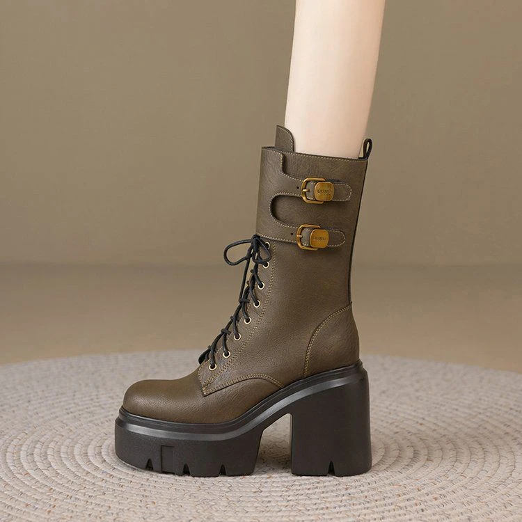 英伦风马丁靴高跟厚底中筒靴女秋冬小个子增高短靴粗跟机车骑士靴