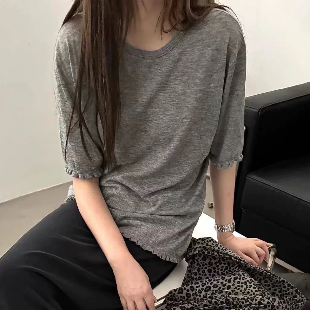 〔净版木耳边短袖〕〔不可机洗〕圆领木耳边纯色大版针织衫