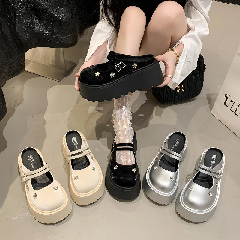 厚底增高玛丽珍鞋女鞋2025新款小个子双绑带水钻漆皮增高半拖鞋女