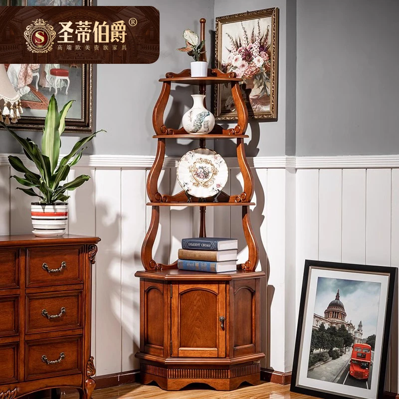 圣蒂 美式乡村实木三角柜客厅多功能置物架书房拐角复古转角书架