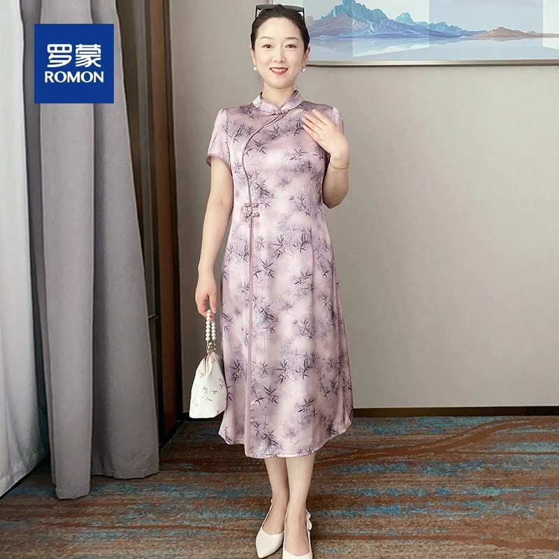 罗蒙时尚妈妈夏装连衣裙中年女装气质改良旗袍中老年女装洋气裙子
