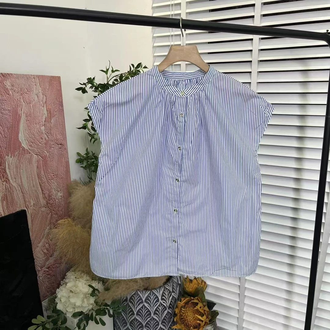 日系新款「高织棉混纺色织条纹」无袖马夹女E5135