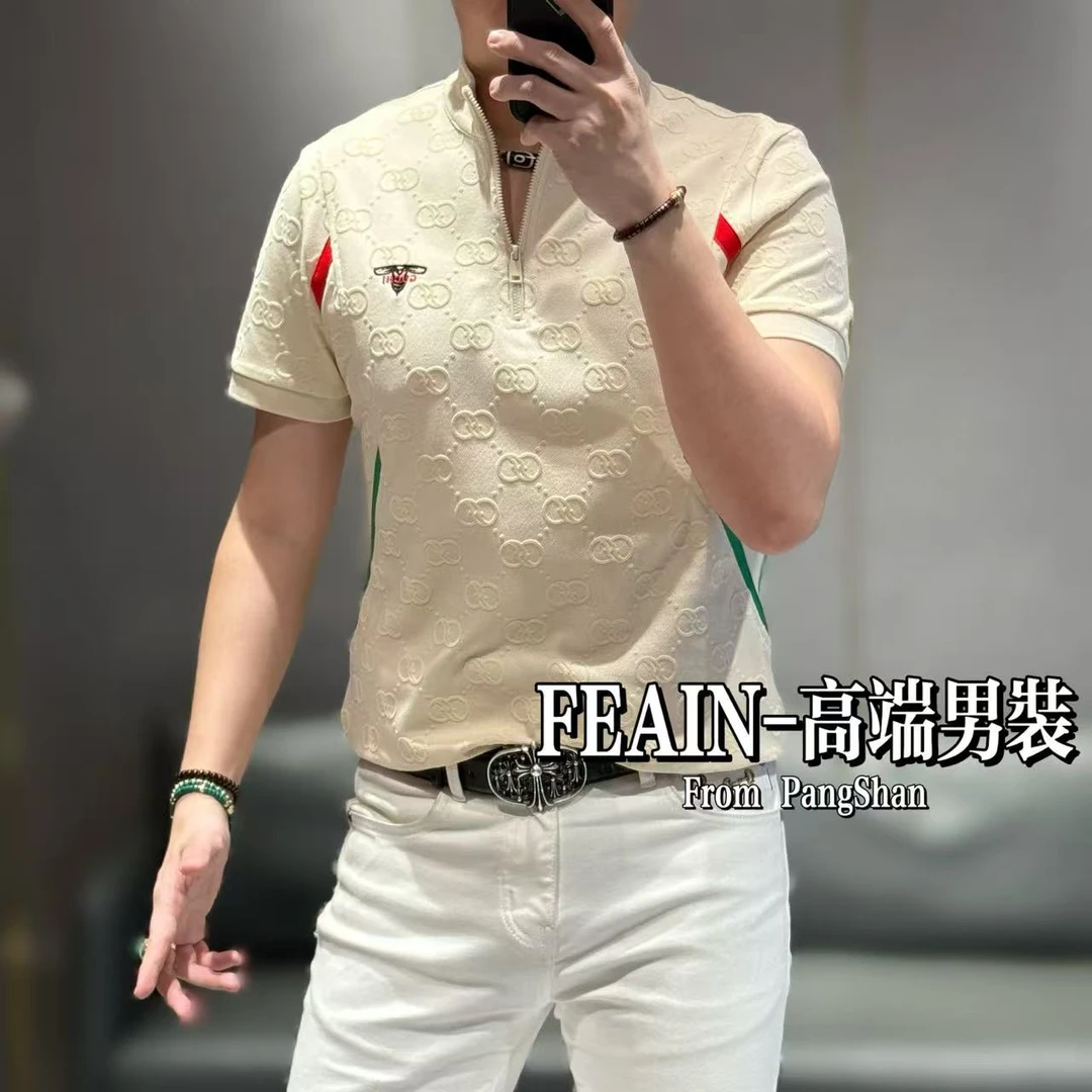 【雷迪·凯奇】全身立体激光雕花植绒工艺拼接工艺短袖立领Polo5018