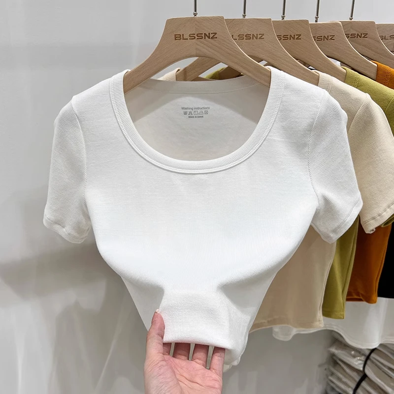 白色螺纹正肩u领短袖t恤女夏季设计感小众大圆领修身短款上衣小衫