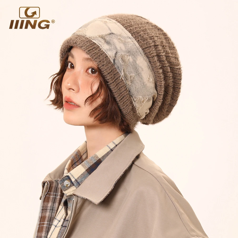 IIING帽控 废土风复古拼接毛绒堆堆帽女秋冬保暖宽松百搭包头帽子