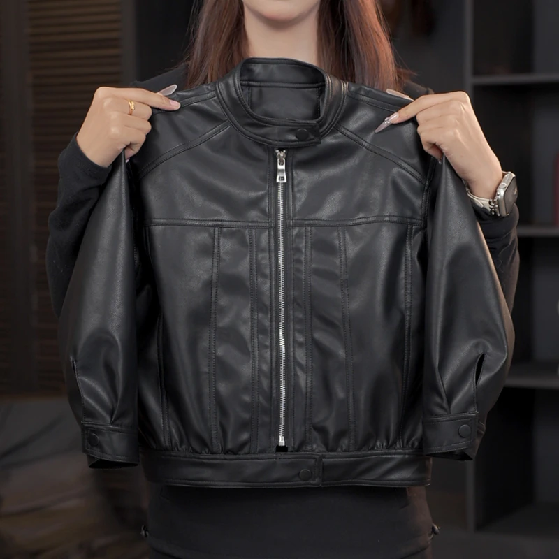 2025春秋款中性款夹克皮衣外套纯色帅气新款韩版立领潮F251055