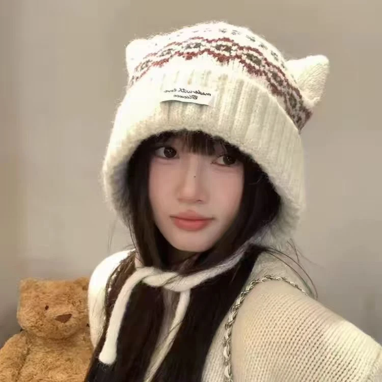 费尔岛风帽子甜美可爱猫耳朵针织护耳帽女冬季加厚加绒保暖雷锋帽