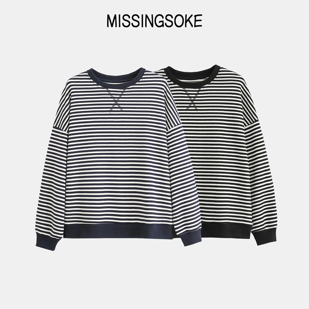 【海涛大叔】圆领补丁袖条纹上衣