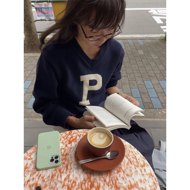 smoothmo*d女式针织衫V领套头针织毛衣韩国女装