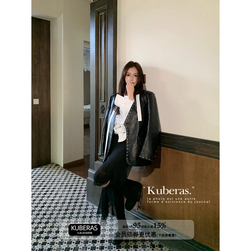 KUBERAS 中长款设计感不规则雪纺半身裙高级感蕾丝拼接A字中裙