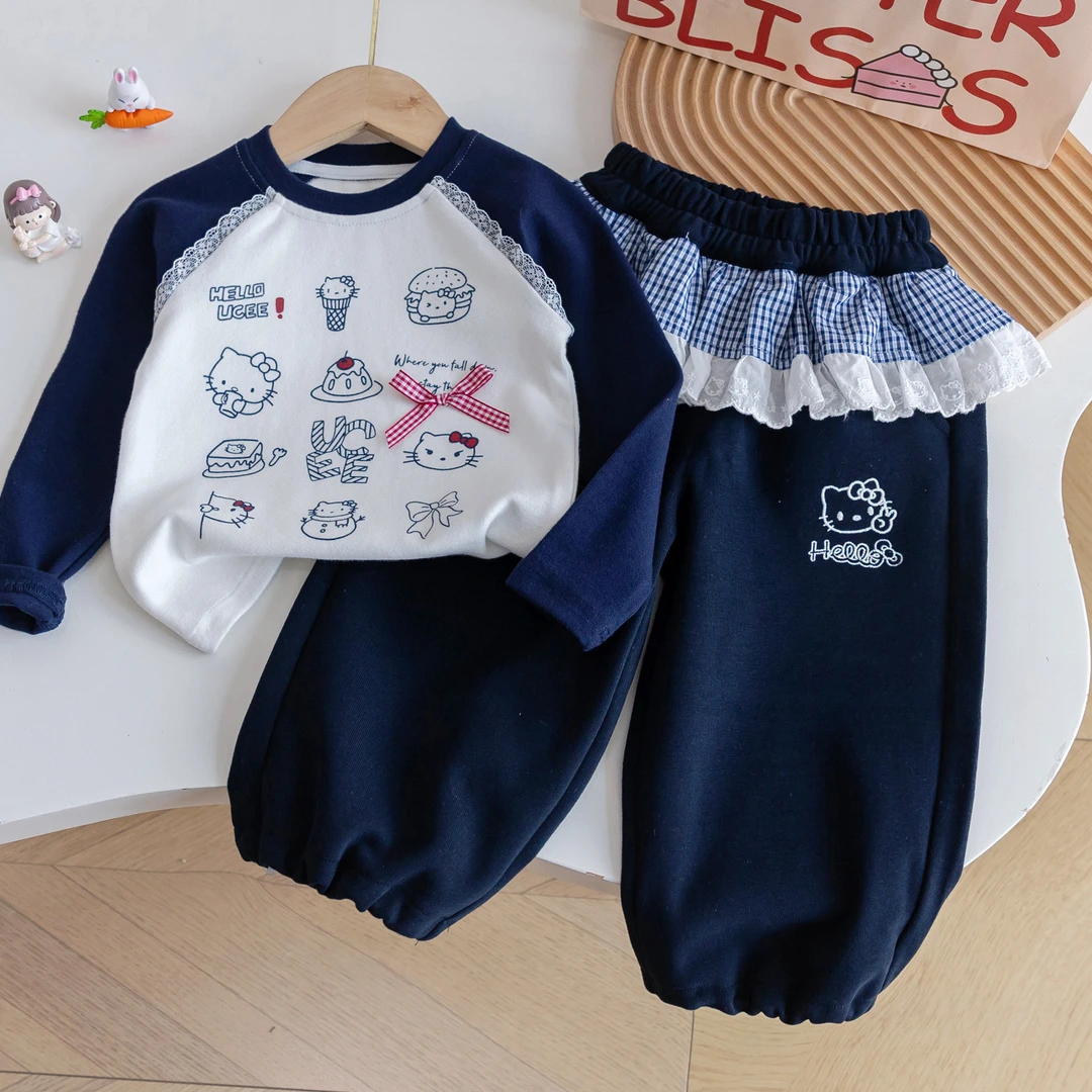 韩式森系女童秋季卡通套装2025新款可爱kt猫撞色T恤+屁帘束脚卫裤