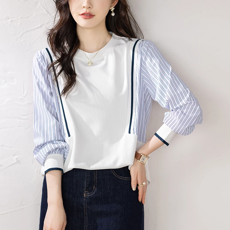 假两件条纹长袖圆领卫衣女春季新款减龄妈妈宽松休闲时尚拼接上衣