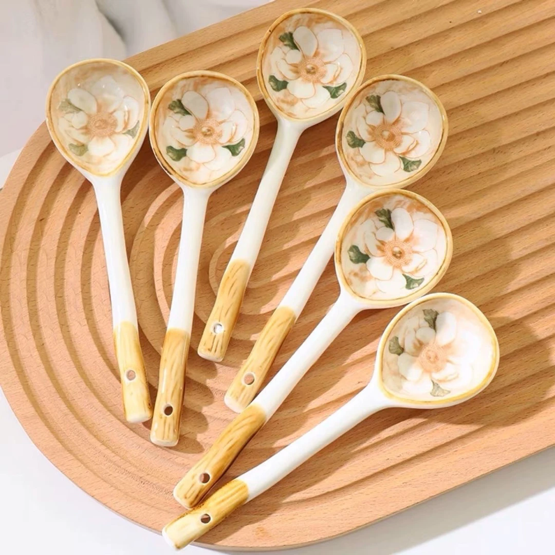 家用山茶花陶瓷支装长柄筷子日用陶瓷套装勺子ins高颜值调羹