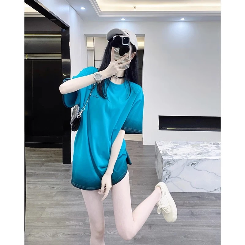 孔雀蓝色短袖t恤女夏季宽松扎染欧货洋气潮牌设计感小众半袖上衣