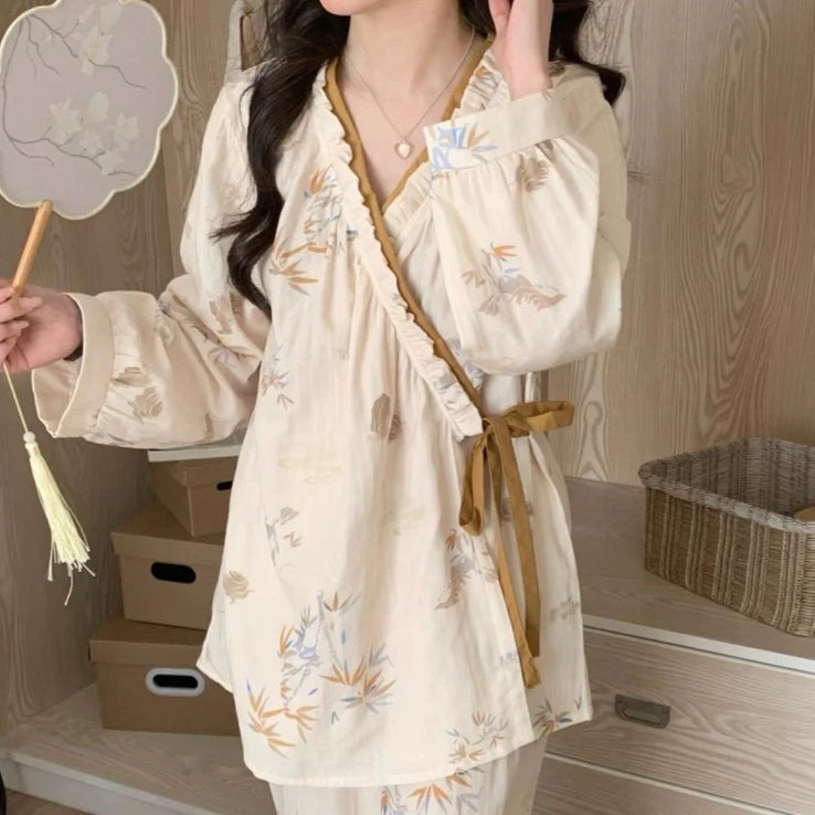 双纱棉套装女士家居睡衣套装长袖柔软四季家居服套装休闲外穿遛弯