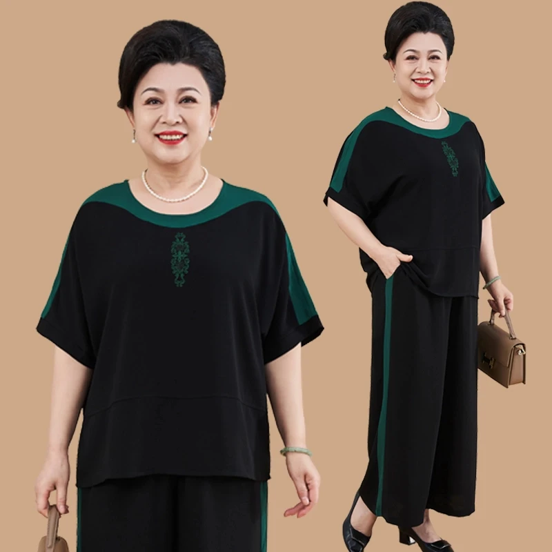 胖妈妈装大码夏季新款洋气套装加肥加大中老年人衣服女短袖两件套