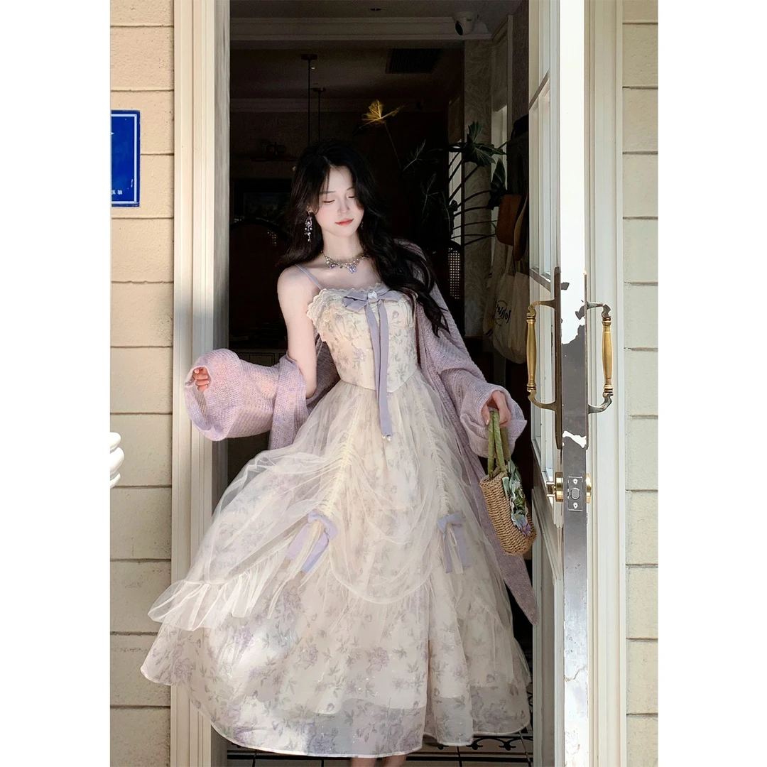 幽兰浮梦 温柔风吊带裙碎花抽褶网纱显瘦连衣裙早秋新款