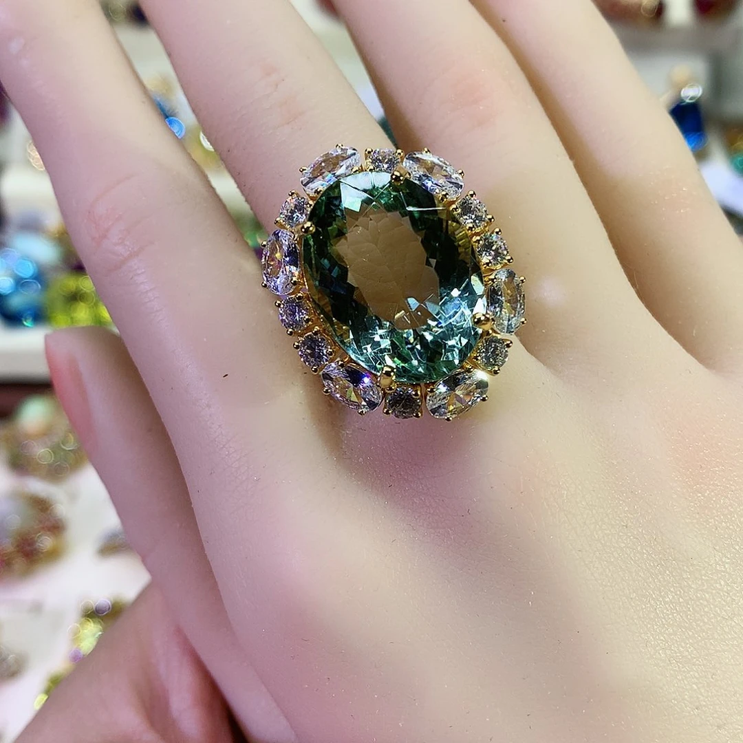 绿水晶戒指银S925镀金镶嵌