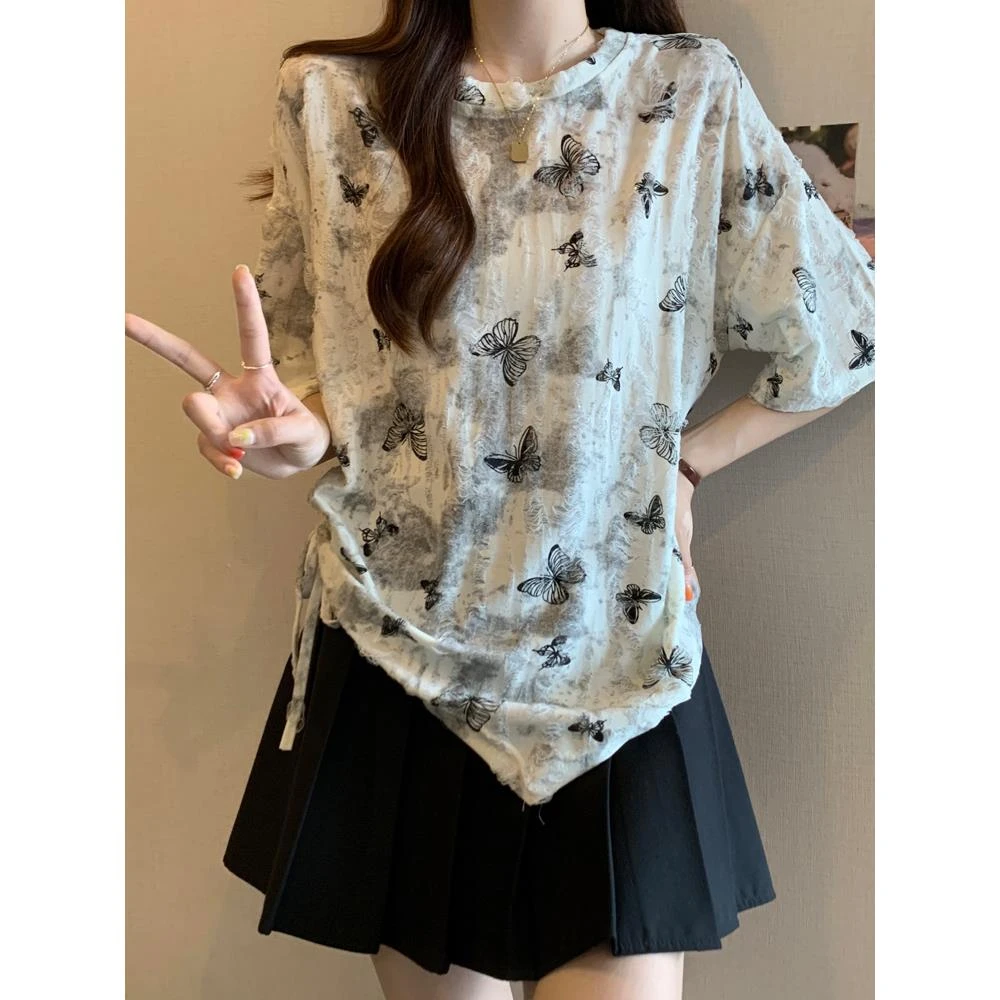 欧货正肩短袖T恤女夏季爆款大码胖mm显瘦不规则时尚抽绳扎染上衣