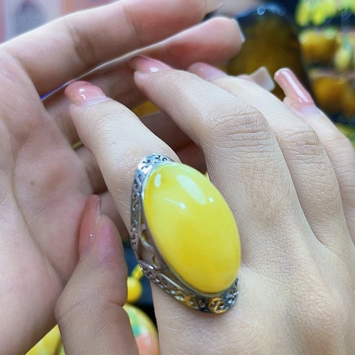 琥珀银S925镶嵌戒指戒指