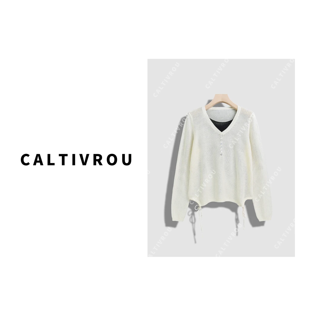 Caltivrou气质百搭V领假两件针织衫-Y15236