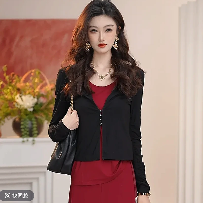 【商场同款】2025夏季新款时尚简约百搭V领修身长袖短款开衫外套女