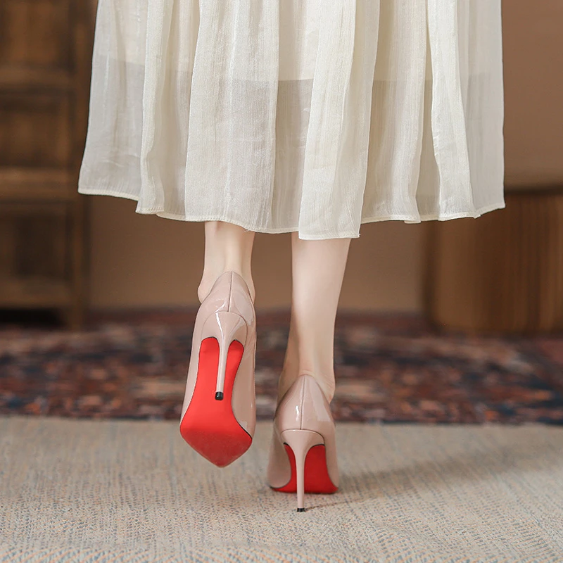 飞燕女鞋2025春夏新款真皮红底高跟鞋女日常漆皮尖头性感细跟单鞋