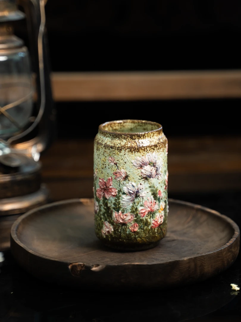 古鸣 | 粗陶中古风立体釉繁花绿调手握杯