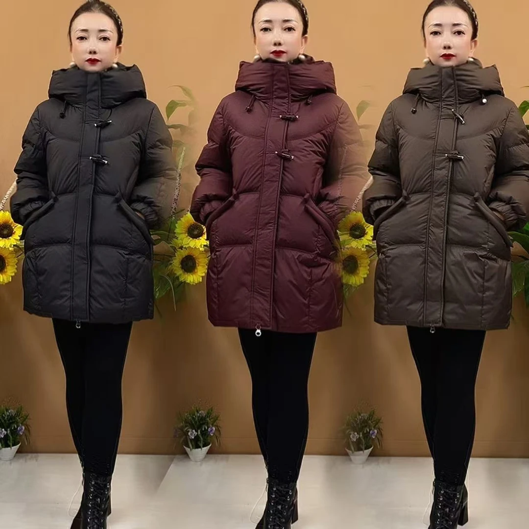 608冬季中年妈妈连帽时尚高档中长厚鸭绒羽绒服外套保暖轻盈长73