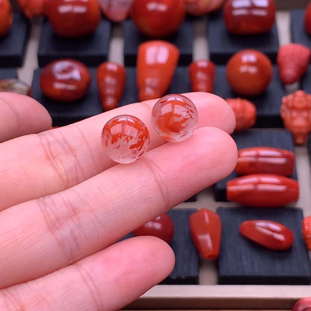 南红玛瑙未镶嵌川料冰飘妖花圆珠对珠10.6mm