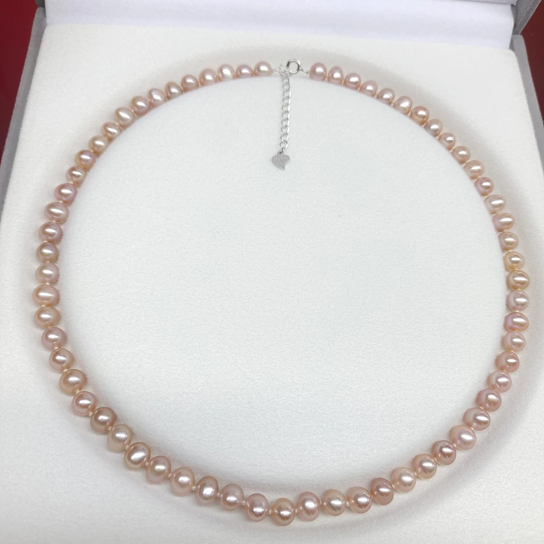 ［老郭推荐］淡水无核珍珠粉紫色项链S925银扣可调节近圆强光143