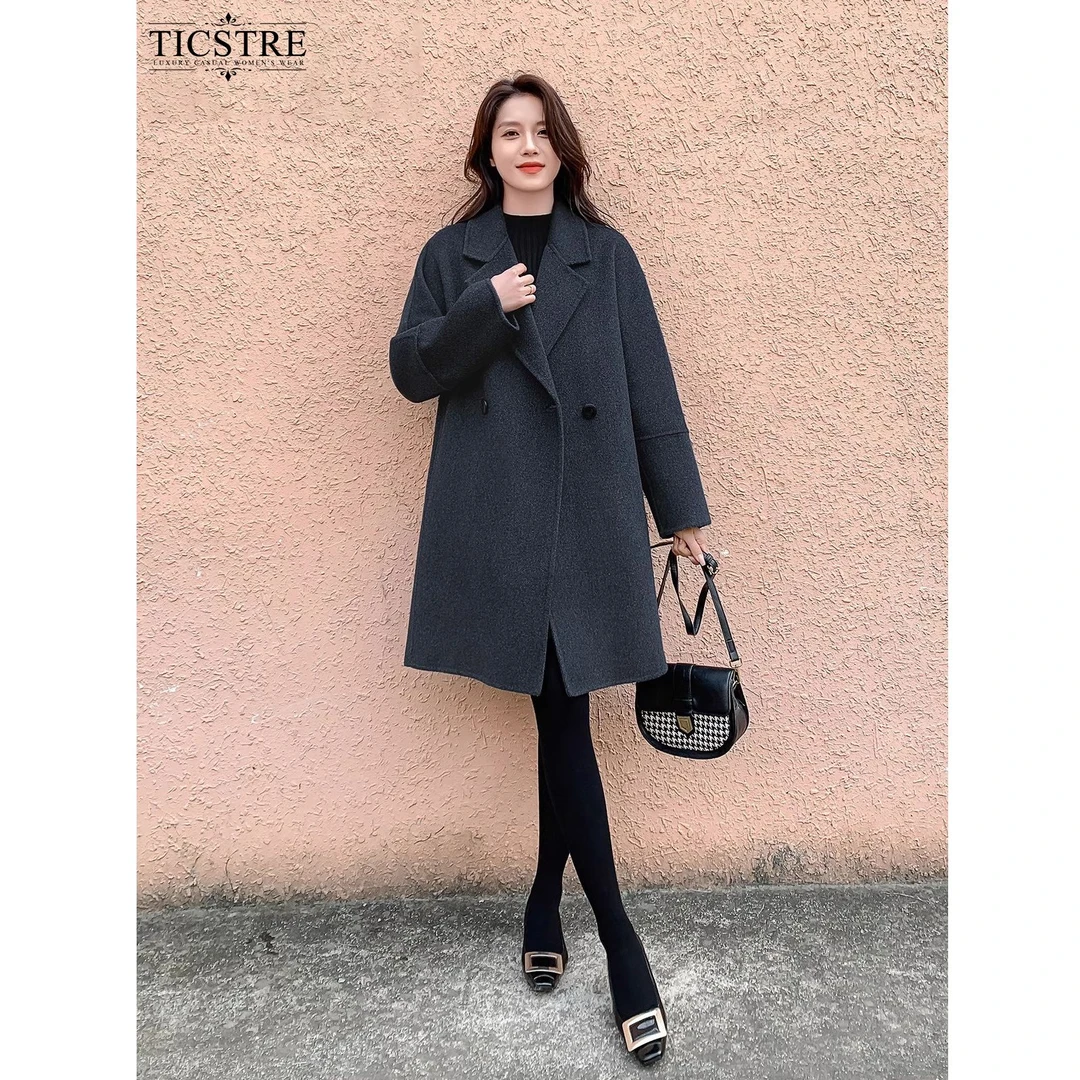 TICSTRE高级感双面羊绒大衣女韩版气质西装领显瘦羊毛呢外套
