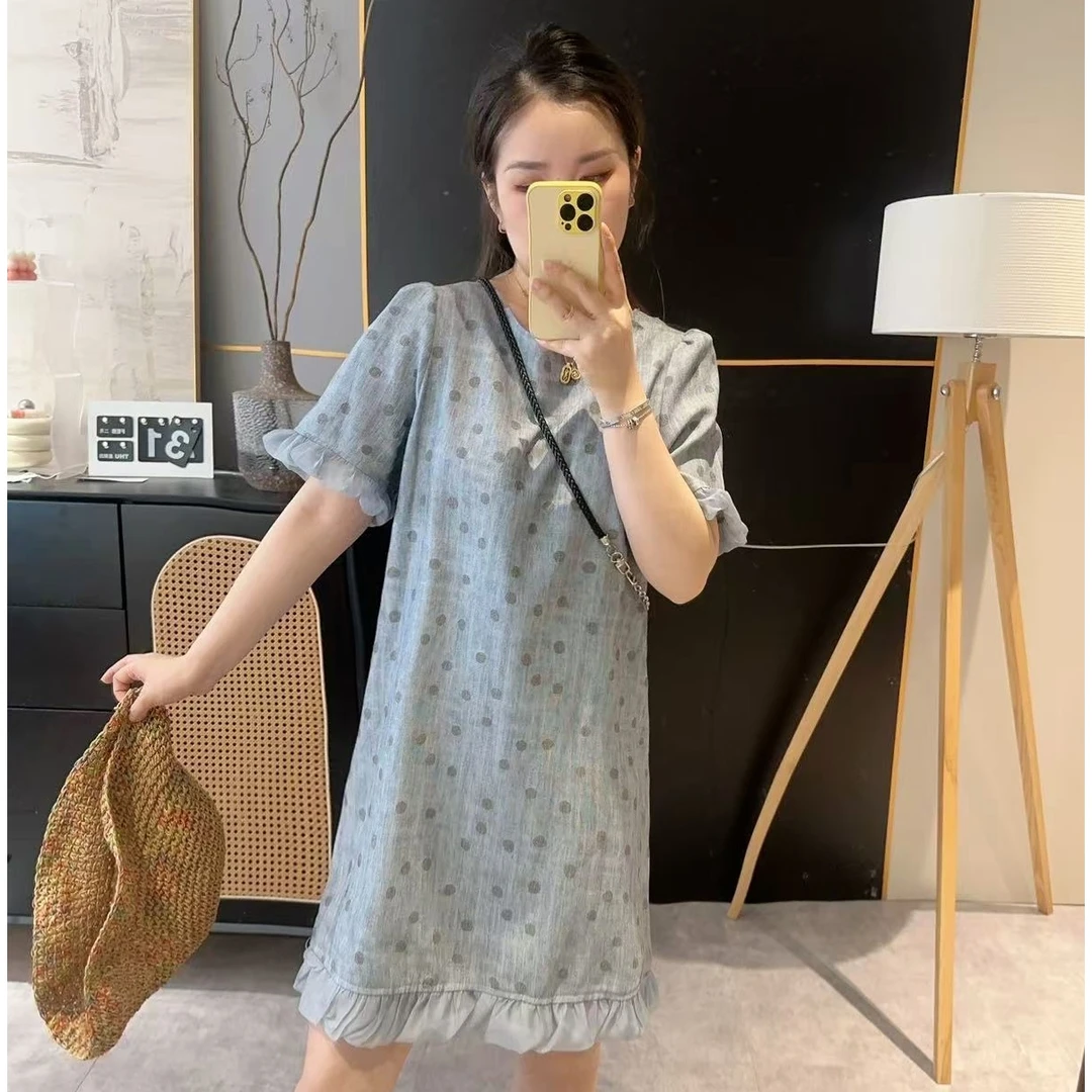 【波点连衣裙】2025夏韩版时尚显瘦圆领波点连衣裙配包 B25042208