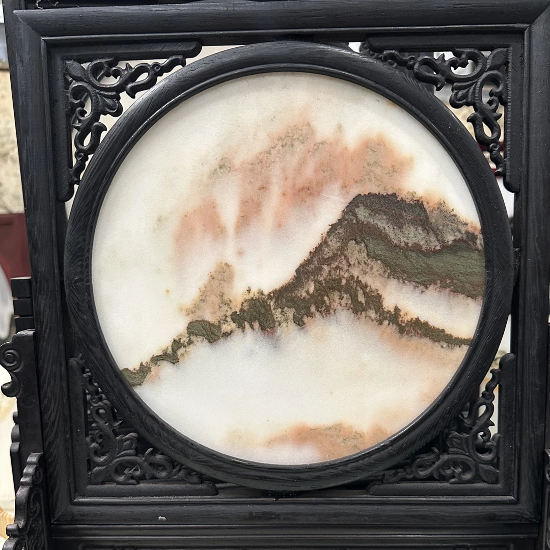 天然石画山水画稀有胭脂红