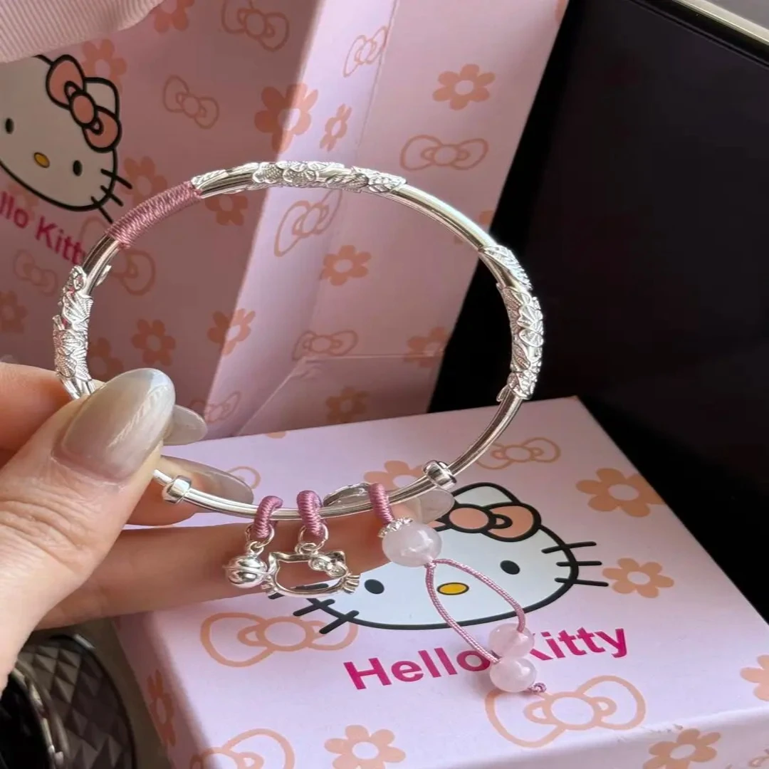 足银手镯 繁花Kitty猫999纯银手镯女时尚520送女友情人节生日礼物